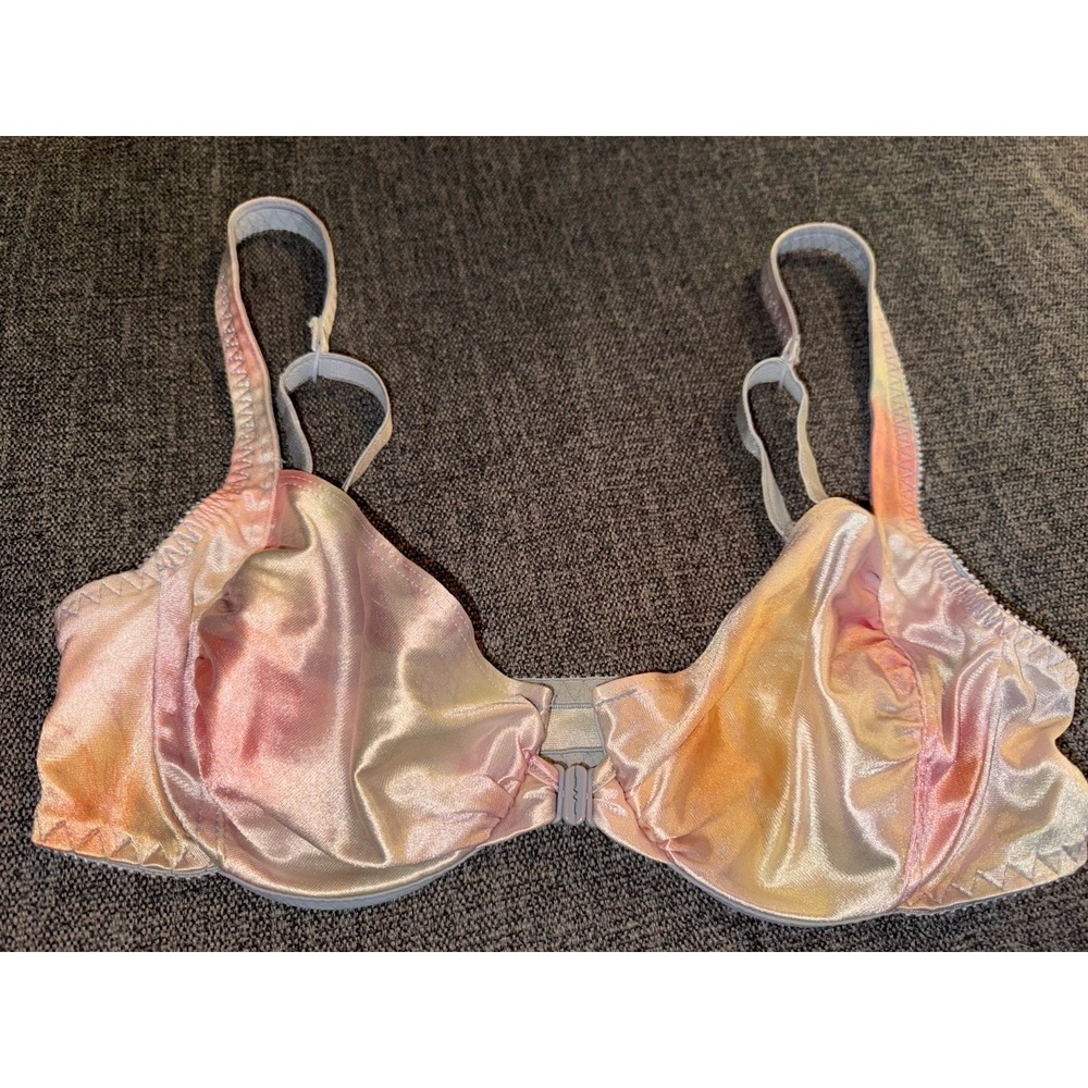 Vintage 1990s Victoria's Secret Rainbow Satin Bra 34B Front Clasp Cotton Candy